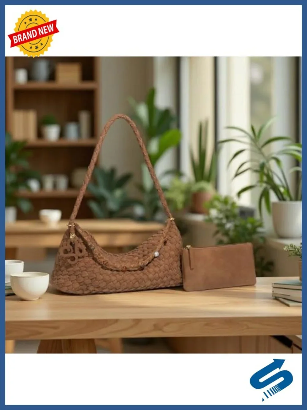Small Faux Suede Woven Hobo Handbag with Pouch, Slouchy Shoulder Tote